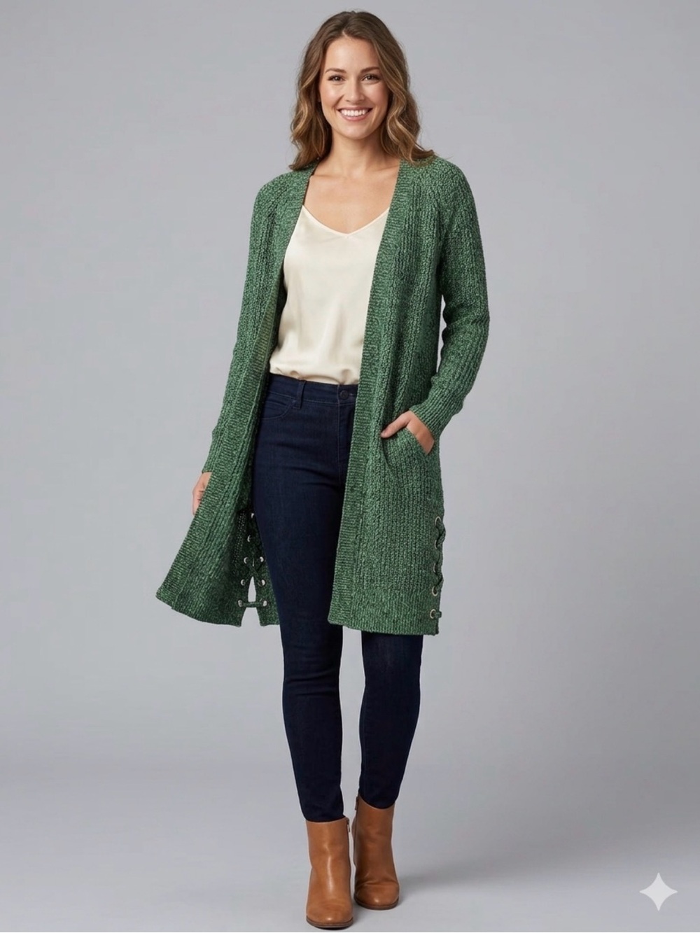 Christopher & Banks Heathered Green Open-Front Longline Cardigan